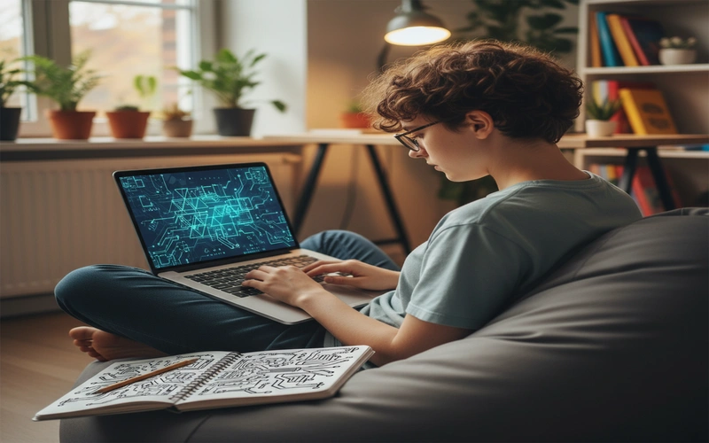 Beginner programmer following coding tutorial on laptop with notebook for taking programming notes