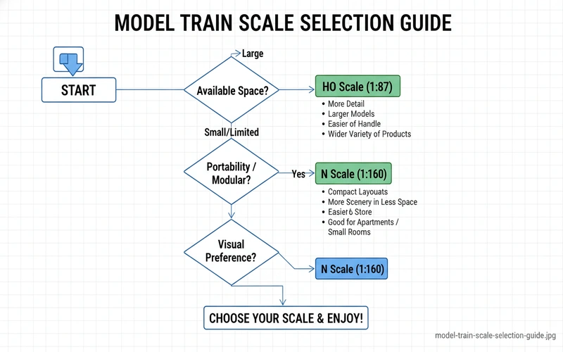 Decision flowchart showing factors for choosing between HO and N scale model railroads