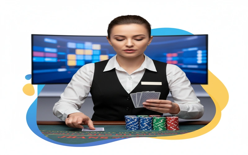 Online casino dealer training video showing instructor demonstrating blackjack dealing procedures and chip handling