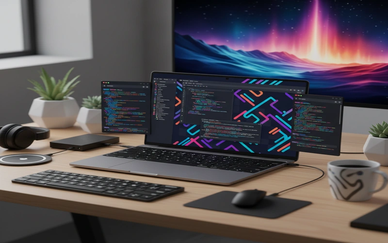Programmer workspace with laptop displaying colorful code editor syntax highlighting and multiple terminal windows