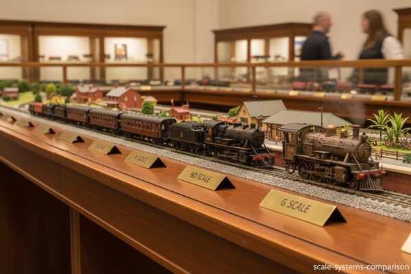 Different model train scales displayed side by side