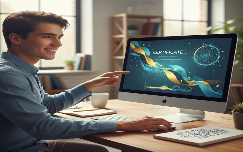 Student viewing completed online course certificate on computer screen with achievement notification