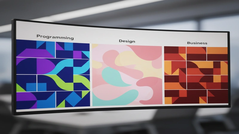 Various Udemy course categories displayed on screen including programming design and business