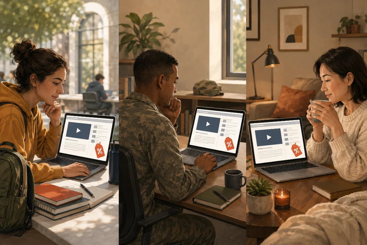 Student veteran and everyday learner comparing eligibility based Udemy discounts